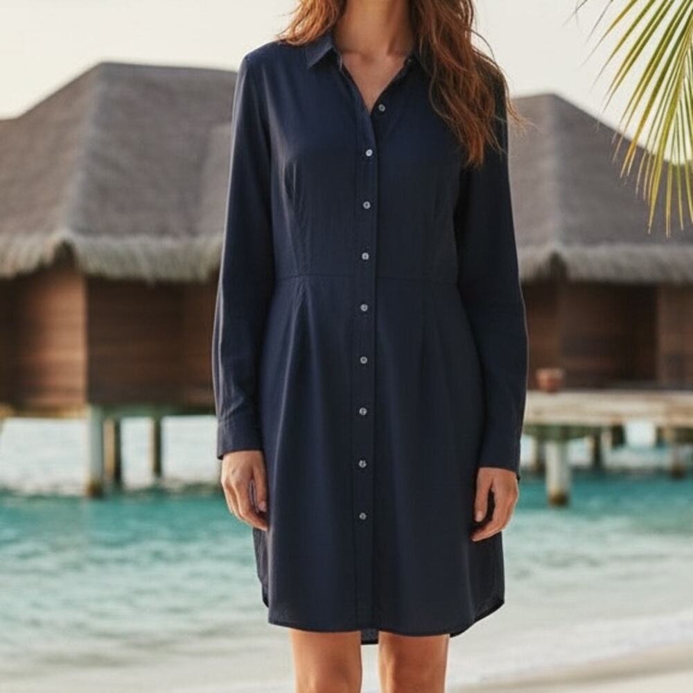 Untuckit Navy Long Sleeve button Front Shirt Dress 16